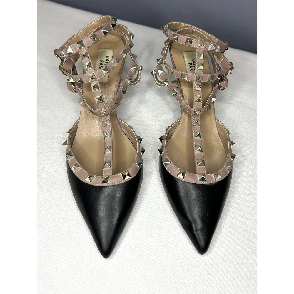 Kaitlyn Pan Shoes Womens 9 Black Studded Strappy Ankle Strap Pointed Toe Heels